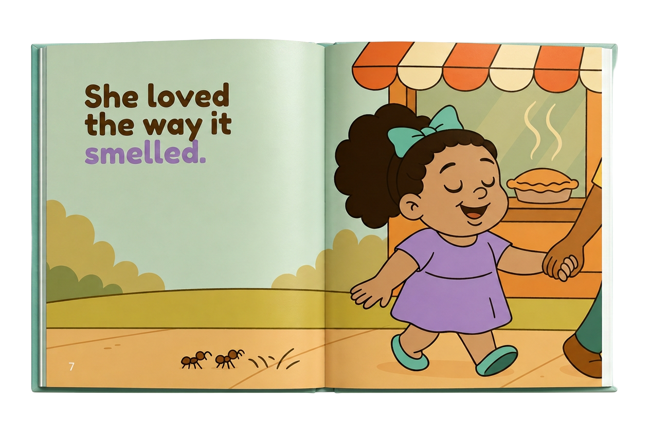 Open book spread showing Sonya Lee enjoying the smell of a freshly baked pie on a walk